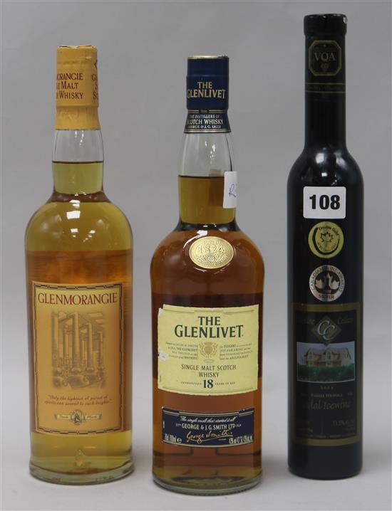 A bottle18 year old Glenlivet whisky, a dessert wine and a bottle of Glenmorangie 10 year old whisky